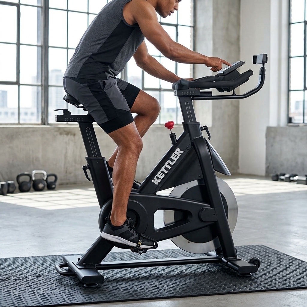 אופני ספינינג Kettler GYM40SE - רכיבה מהצד עם מעמד לטלפון על הכידון