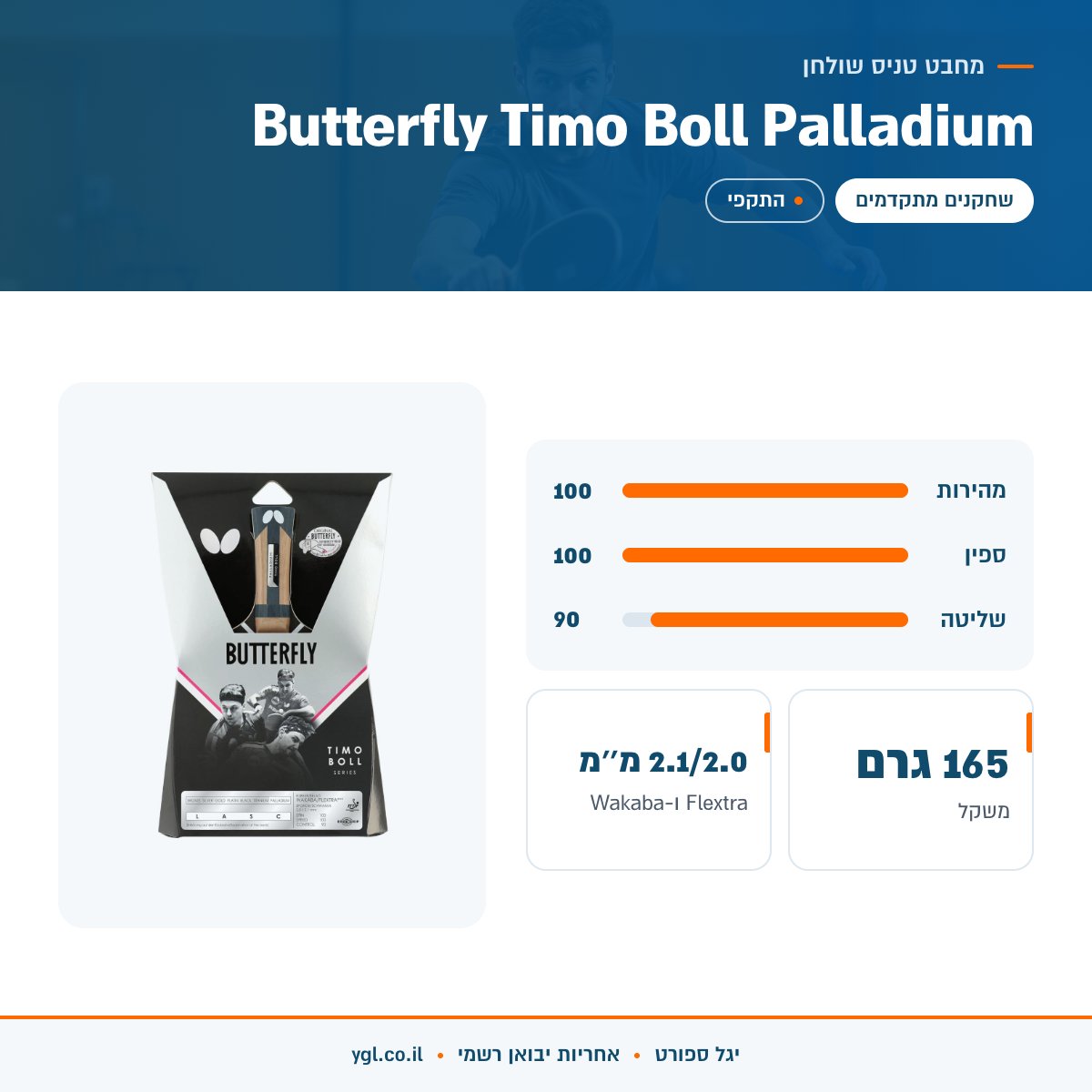 אינפוגרפיקה מחבט טניס שולחן Butterfly Timo Boll Palladium - נתונים עיקריים