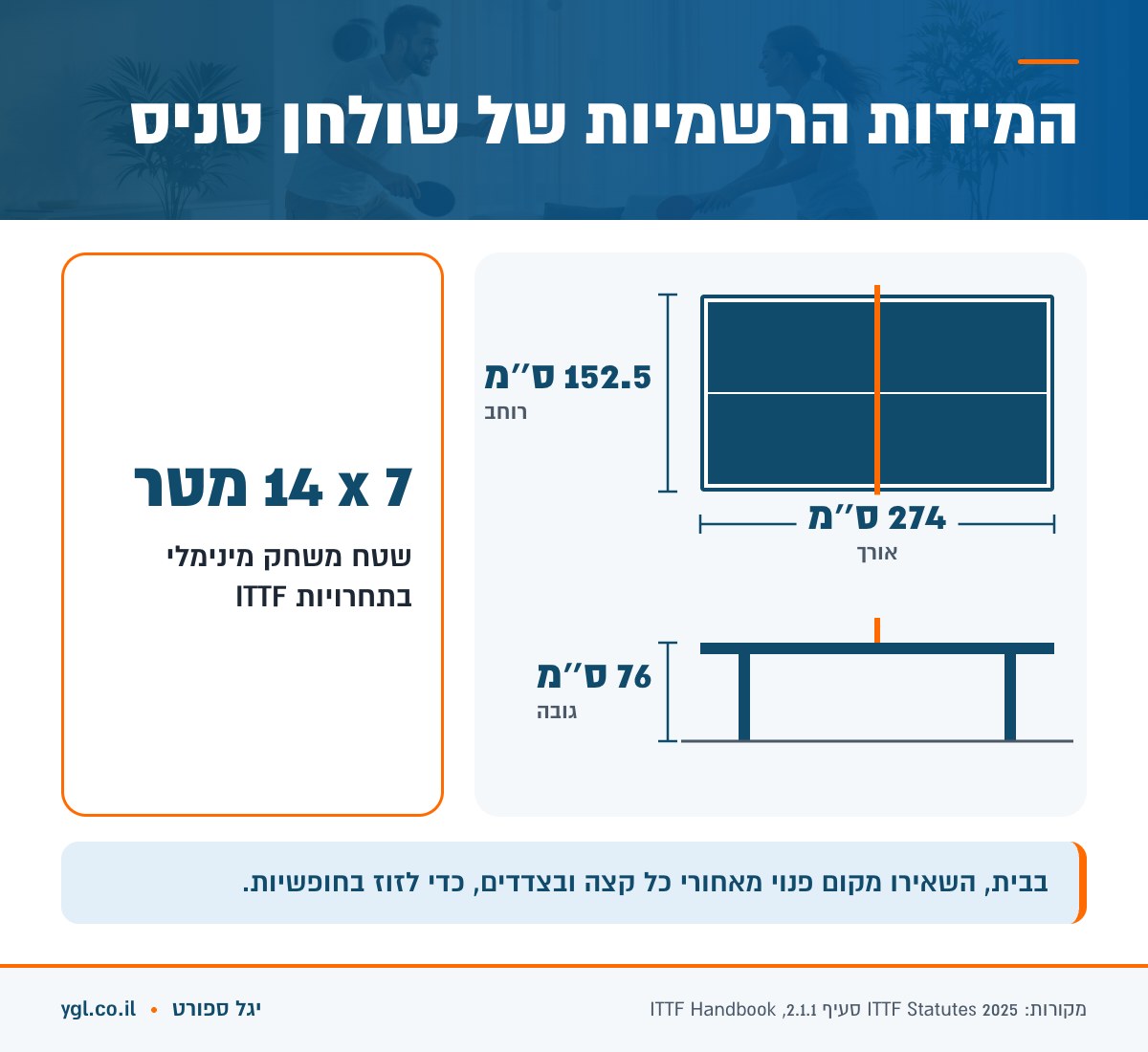 המידות הרשמיות של שולחן טניס שולחן לפי ITTF